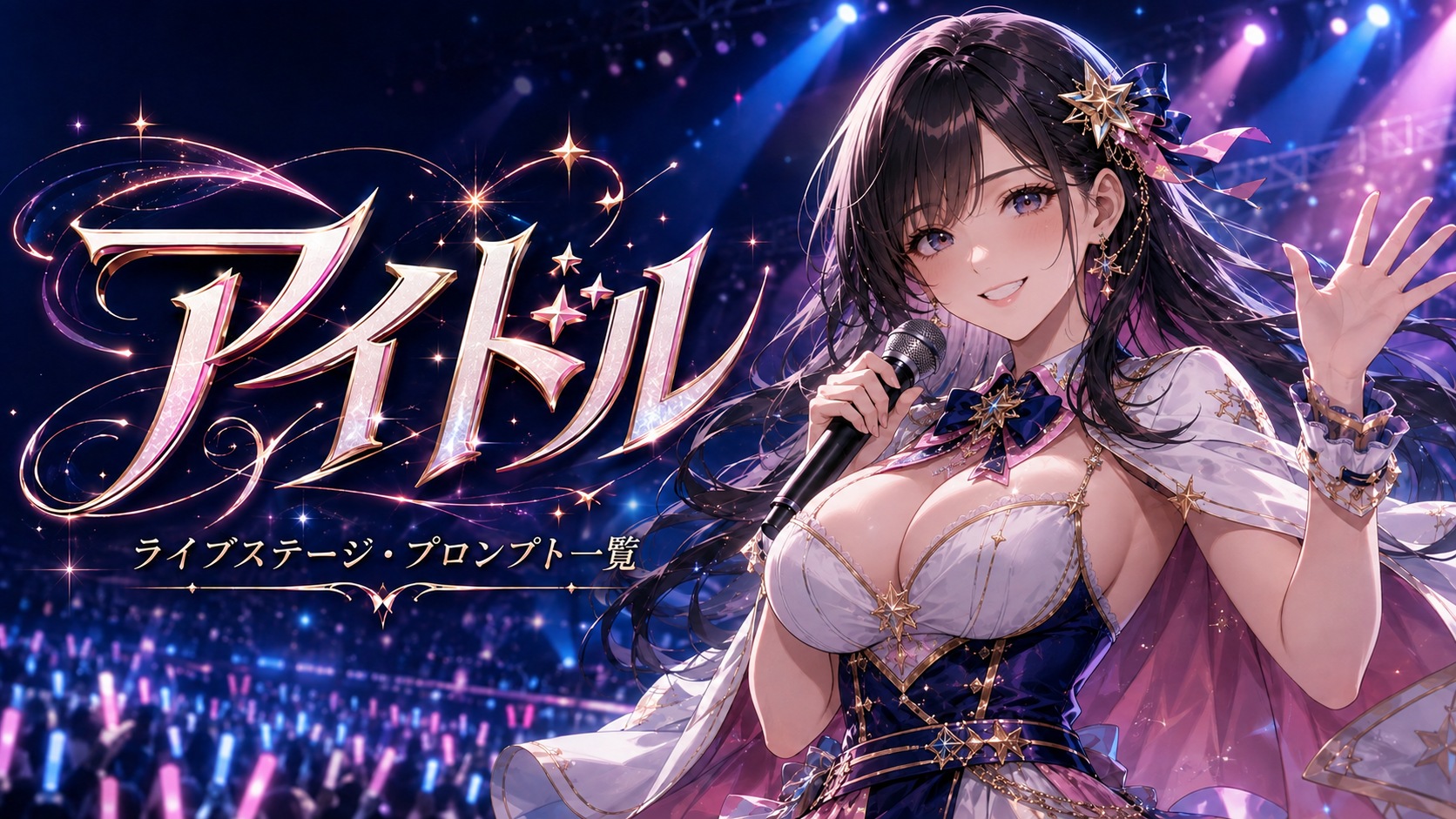 華やかな衣装でマイクを持つ成人女性とライブ会場を描いた、アイドルプロンプト一覧のイメージイラスト
