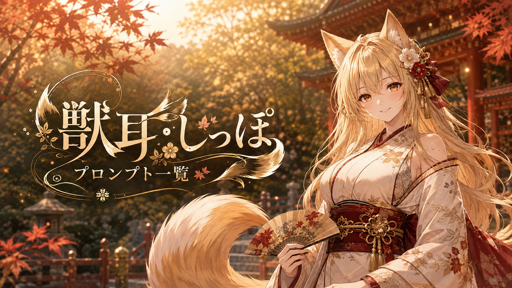 狐耳と一本のしっぽを持つ和装の成人女性を描いた、獣耳・しっぽプロンプト一覧のイメージイラスト