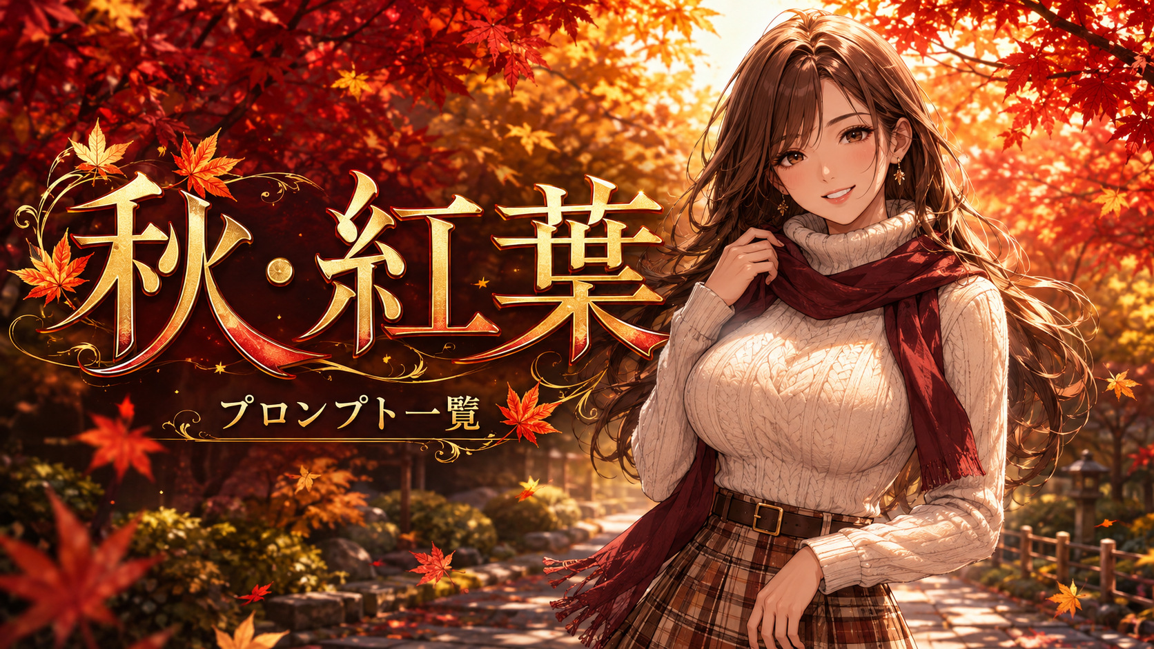 ニットとマフラー姿の成人女性と紅葉の道を描いた、秋・紅葉プロンプト一覧のイメージイラスト