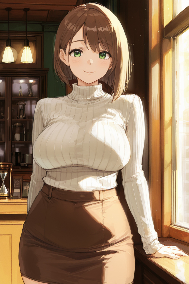 カフェのニットコーデの実生成画像