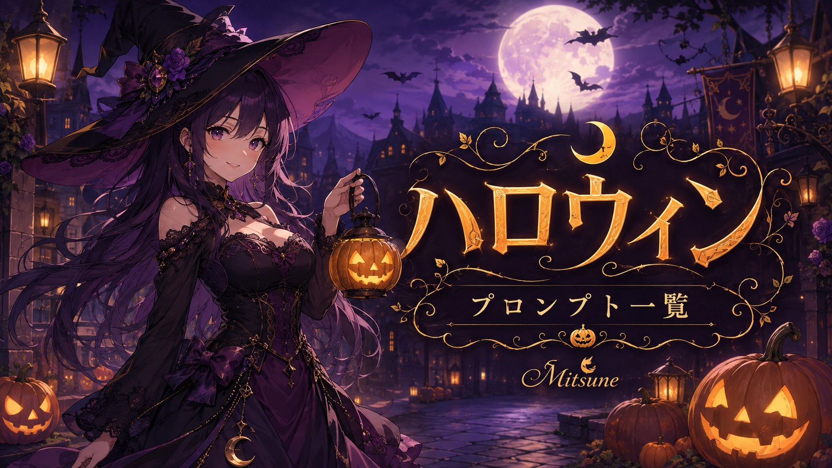 かぼちゃのランタンを持つ成人女性の魔女と夜の街を描いた、ハロウィンプロンプト一覧のイメージイラスト