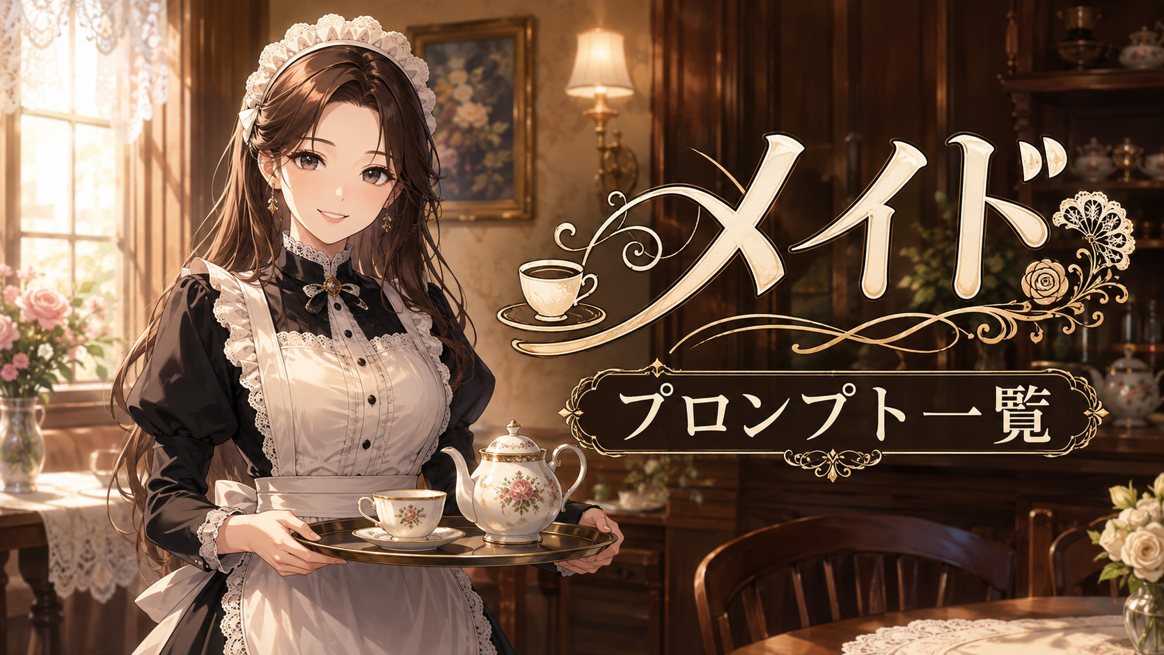 茶器のトレーを持つ成人女性メイドと喫茶店を描いた、メイドプロンプト一覧のイメージイラスト