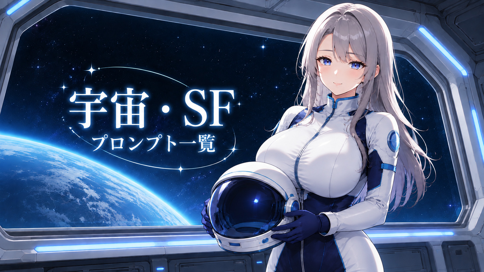 宇宙服を着た成人女性と宇宙の景色を描いた、宇宙・SFプロンプト一覧のイメージイラスト