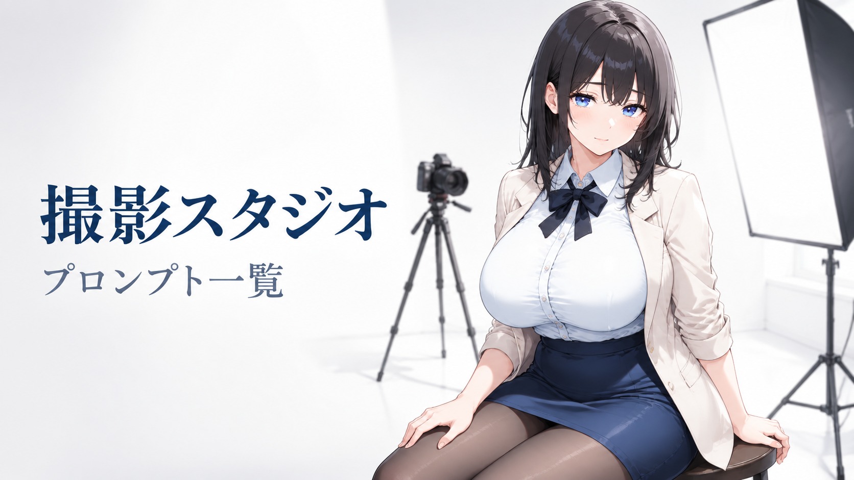 スタジオ機材と上品な衣装の成人女性を描いた、撮影スタジオプロンプト一覧のイメージイラスト