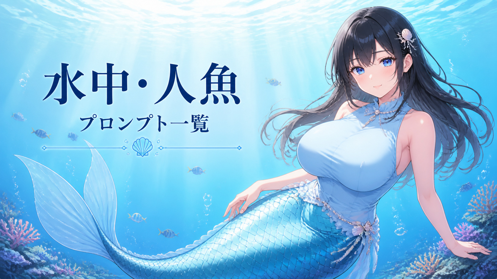 胸を覆う衣装と一本の魚尾を持つ成人の人魚を描いた、水中・人魚プロンプト一覧のイメージイラスト